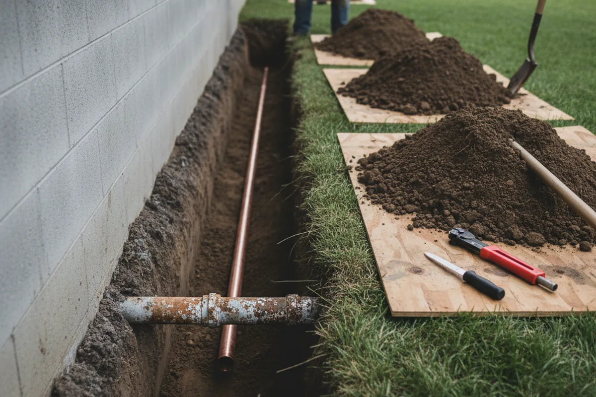 Excavated water line trench during Water Softener Installation in Virginia Beach